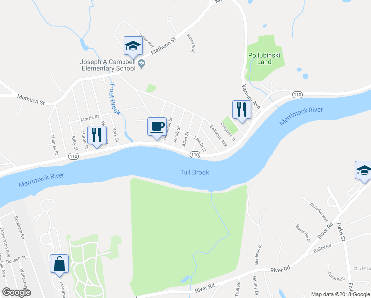 map of restaurants, bars, coffee shops, grocery stores, and more near 680 Merrimack Avenue in Dracut