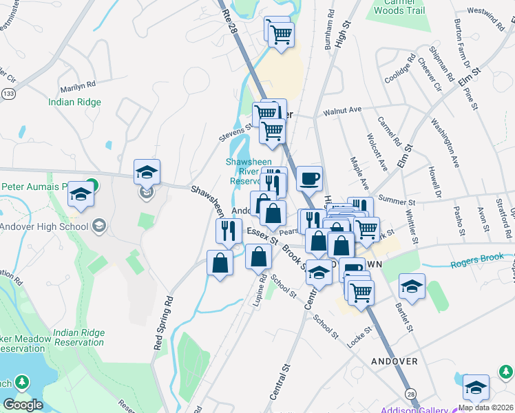 map of restaurants, bars, coffee shops, grocery stores, and more near 26 Railroad Street in Andover