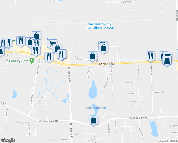 map of restaurants, bars, coffee shops, grocery stores, and more near 1412 Laurel Valley Drive in Waterford Township