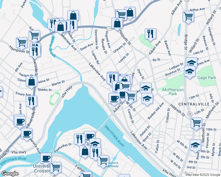 map of restaurants, bars, coffee shops, grocery stores, and more near 818 Lakeview Avenue in Lowell