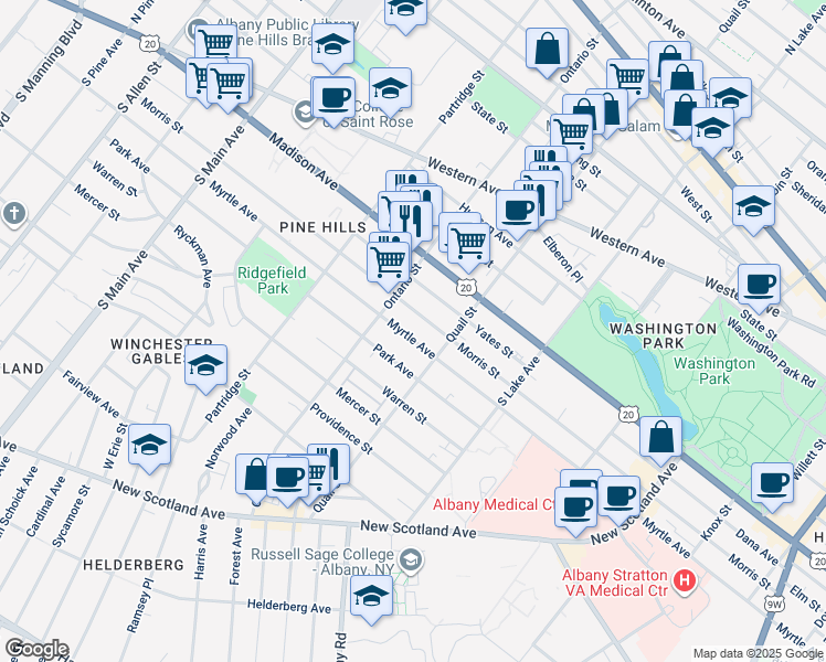 map of restaurants, bars, coffee shops, grocery stores, and more near 619 Myrtle Avenue in Albany