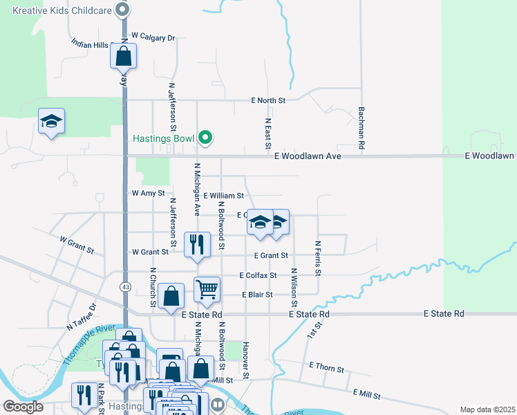 map of restaurants, bars, coffee shops, grocery stores, and more near 1107 North Hanover Street in Hastings