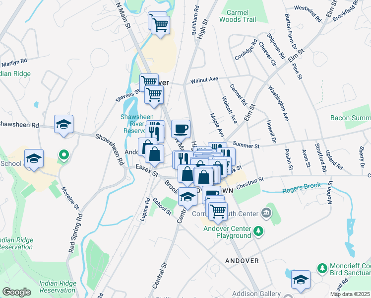 map of restaurants, bars, coffee shops, grocery stores, and more near 59 North Main Street in Andover