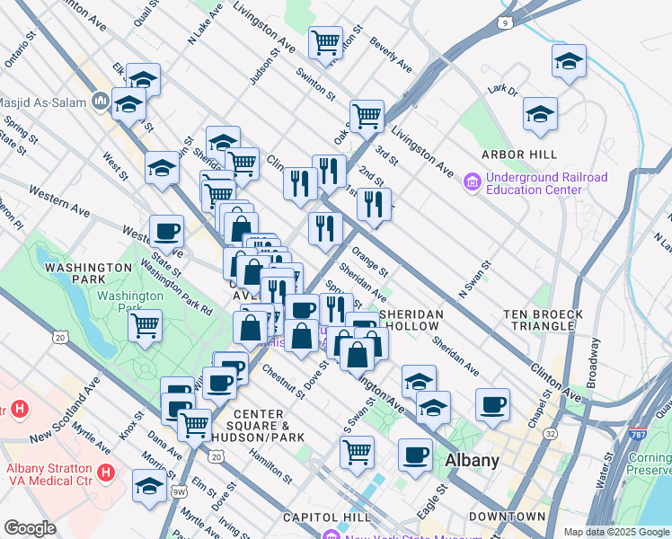 map of restaurants, bars, coffee shops, grocery stores, and more near 256 Sheridan Avenue in Albany