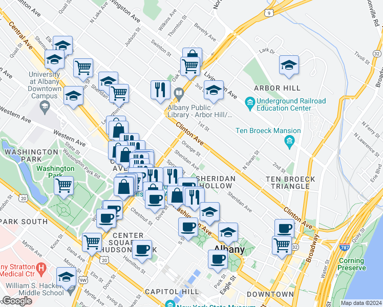 map of restaurants, bars, coffee shops, grocery stores, and more near 268 Orange Street in Albany