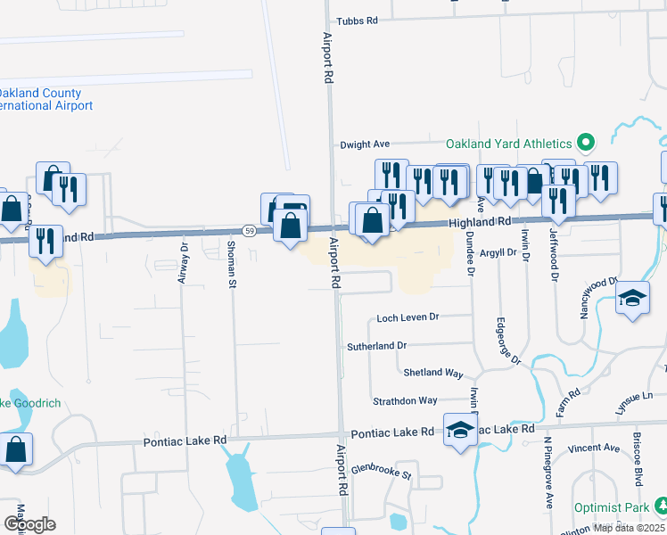 map of restaurants, bars, coffee shops, grocery stores, and more near 1383 Airport Road in Oakland County