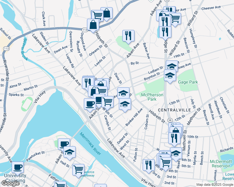 map of restaurants, bars, coffee shops, grocery stores, and more near 76 Lilley Avenue in Lowell