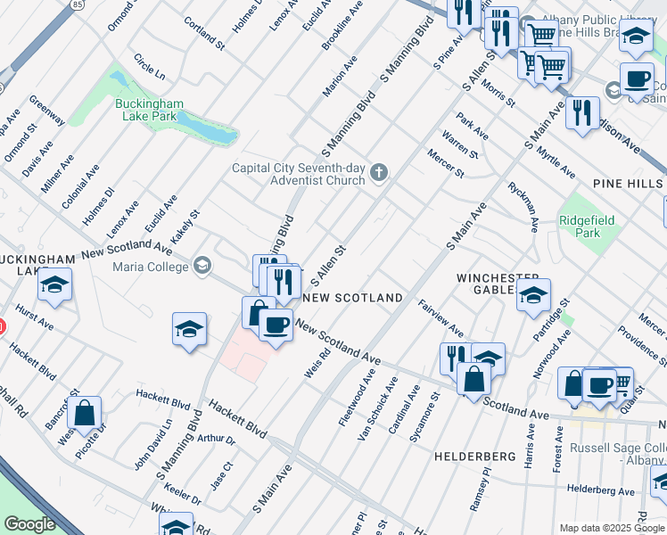 map of restaurants, bars, coffee shops, grocery stores, and more near 265 South Allen Street in Albany