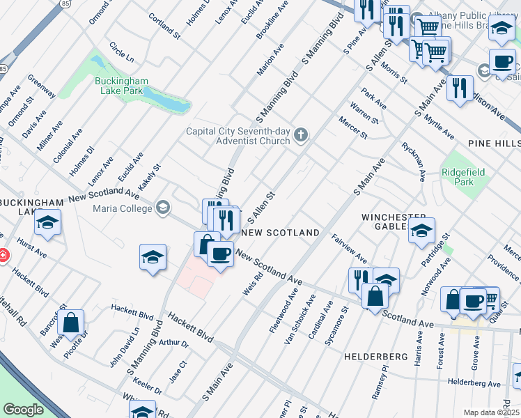 map of restaurants, bars, coffee shops, grocery stores, and more near 265 South Allen Street in Albany