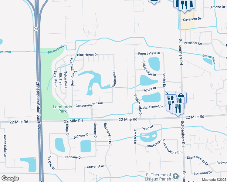 map of restaurants, bars, coffee shops, grocery stores, and more near 49525 Wintergreen in Macomb County