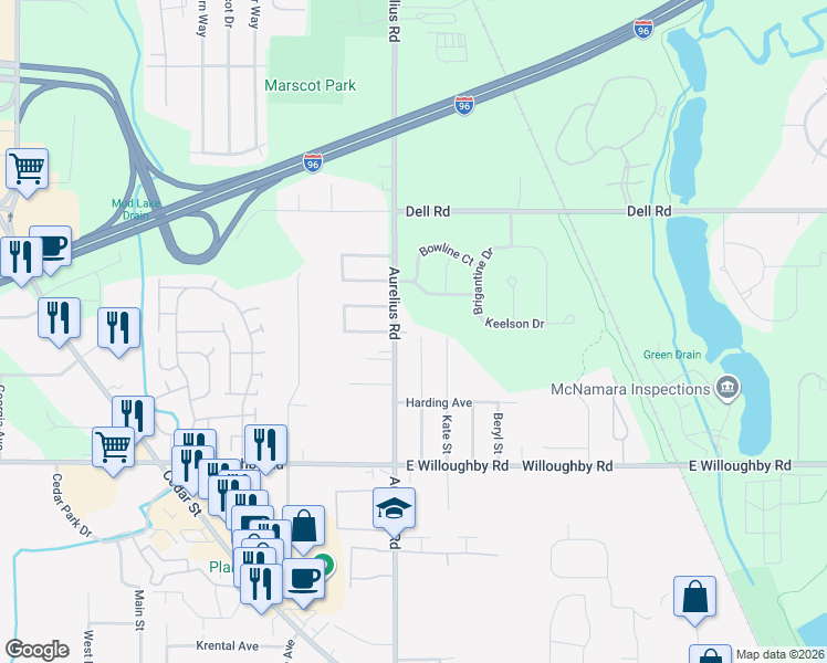 map of restaurants, bars, coffee shops, grocery stores, and more near 6831 North Aurelius Road in Lansing