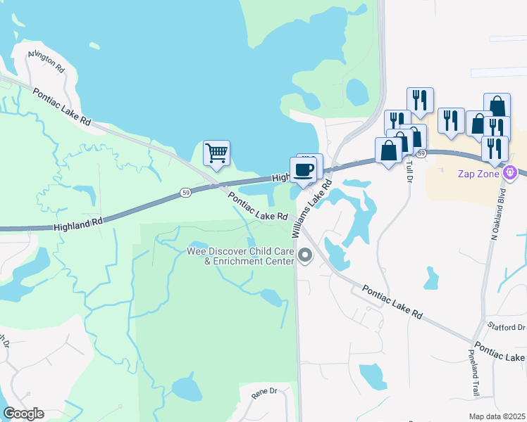 map of restaurants, bars, coffee shops, grocery stores, and more near 8100 Pontiac Lake Road in White Lake charter Township