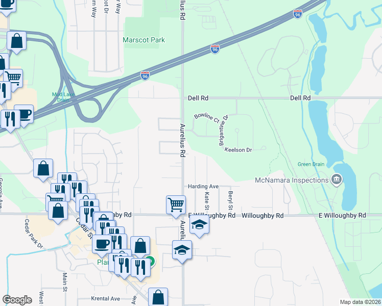 map of restaurants, bars, coffee shops, grocery stores, and more near 6831 North Aurelius Road in Lansing