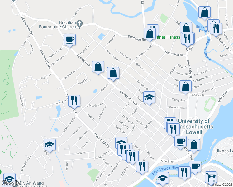 map of restaurants, bars, coffee shops, grocery stores, and more near 239 Crawford Street in Lowell