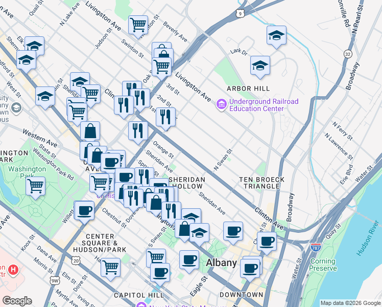 map of restaurants, bars, coffee shops, grocery stores, and more near 201 Clinton Avenue in Albany
