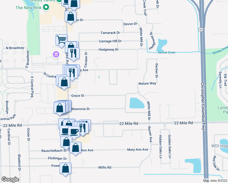 map of restaurants, bars, coffee shops, grocery stores, and more near 8723 Grace Street in Macomb County