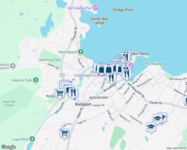 map of restaurants, bars, coffee shops, grocery stores, and more near 8 Beach Street in Rockport