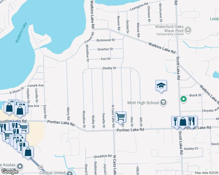 map of restaurants, bars, coffee shops, grocery stores, and more near 1303 North Cass Lake Road in Oakland County