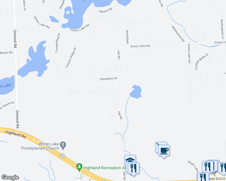 map of restaurants, bars, coffee shops, grocery stores, and more near 1829 Hill Road in White Lake charter Township