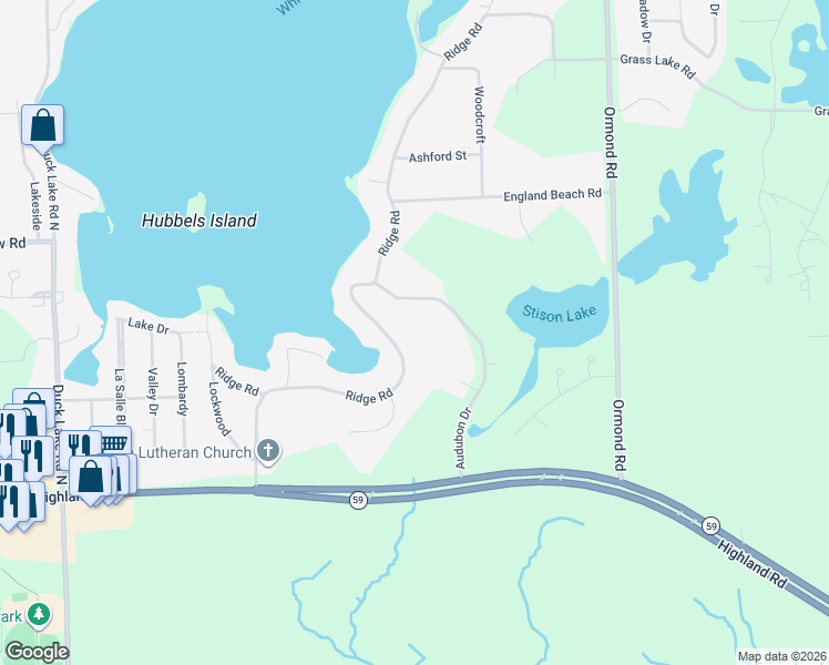 map of restaurants, bars, coffee shops, grocery stores, and more near 1820 Ridge Road in White Lake charter Township