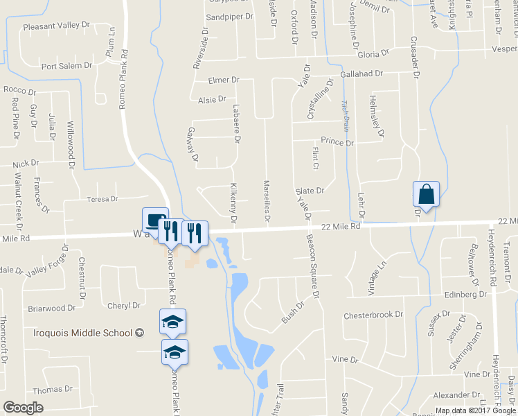map of restaurants, bars, coffee shops, grocery stores, and more near 49155 Marseilles Road in Macomb
