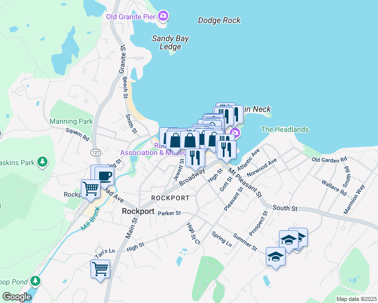map of restaurants, bars, coffee shops, grocery stores, and more near 37 Main Street in Rockport