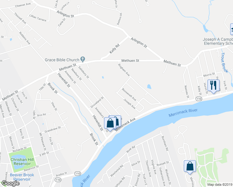 map of restaurants, bars, coffee shops, grocery stores, and more near 1 Joseph Avenue in Dracut