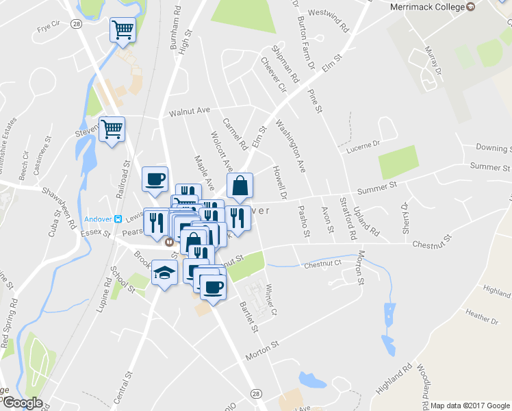 map of restaurants, bars, coffee shops, grocery stores, and more near 17 Whittier Street in Andover