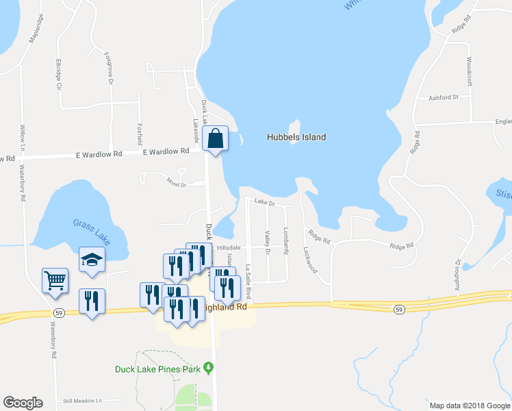 map of restaurants, bars, coffee shops, grocery stores, and more near 3140 Lake Drive in Highland charter Township