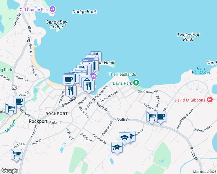 map of restaurants, bars, coffee shops, grocery stores, and more near 20 Atlantic Avenue in Rockport