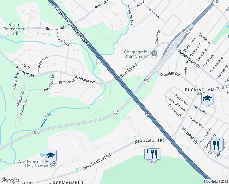 map of restaurants, bars, coffee shops, grocery stores, and more near 16 Andover Rd in Slingerlands