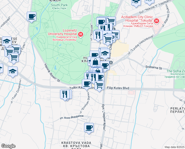 map of restaurants, bars, coffee shops, grocery stores, and more near 6 ulitsa „Henrik Ibsen“ in Sofia