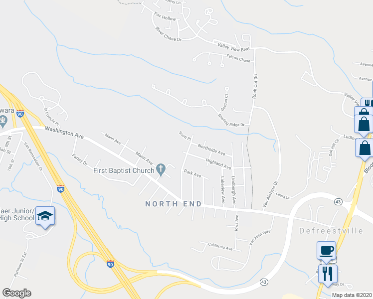 map of restaurants, bars, coffee shops, grocery stores, and more near 103 East Elmhurst Avenue in Rensselaer