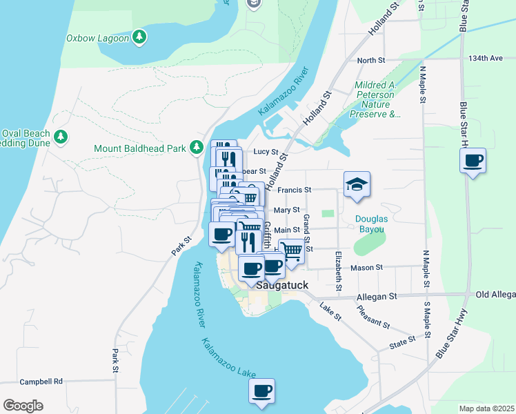 map of restaurants, bars, coffee shops, grocery stores, and more near 236 Mary Street in Saugatuck