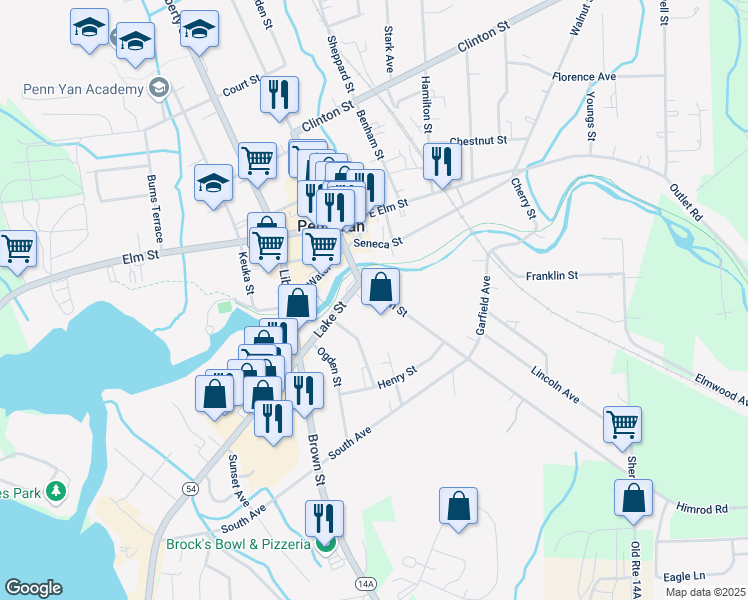 map of restaurants, bars, coffee shops, grocery stores, and more near 107 East Main Street in Penn Yan