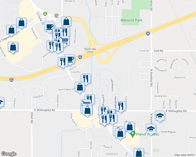 map of restaurants, bars, coffee shops, grocery stores, and more near 6830 West Bickett Boulevard in Lansing