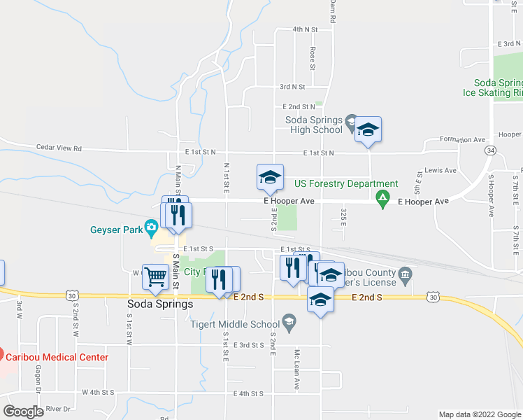 map of restaurants, bars, coffee shops, grocery stores, and more near 180 East Hooper Avenue in Soda Springs