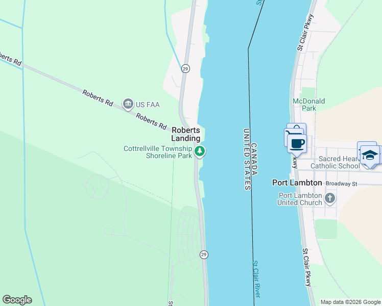 map of restaurants, bars, coffee shops, grocery stores, and more near 8548 River Road in Marine City