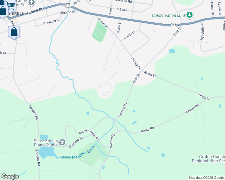 map of restaurants, bars, coffee shops, grocery stores, and more near 24 Crawford Way in Pepperell