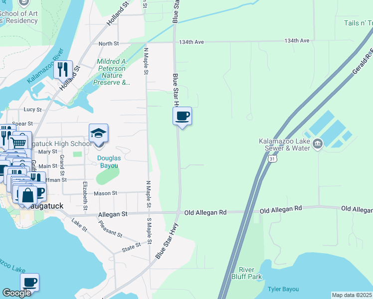 map of restaurants, bars, coffee shops, grocery stores, and more near 3295 Blue Star Highway in Saugatuck