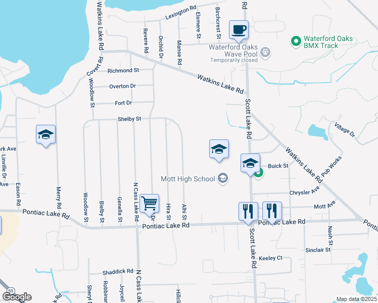 map of restaurants, bars, coffee shops, grocery stores, and more near 1298 Alhi Street in Waterford Township