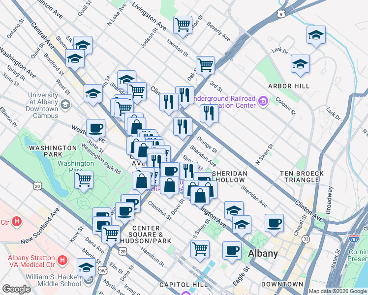 map of restaurants, bars, coffee shops, grocery stores, and more near 133 Lark Street in Albany