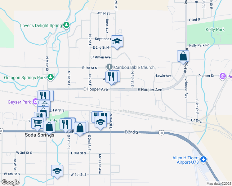 map of restaurants, bars, coffee shops, grocery stores, and more near 330 East Hooper Avenue in Soda Springs