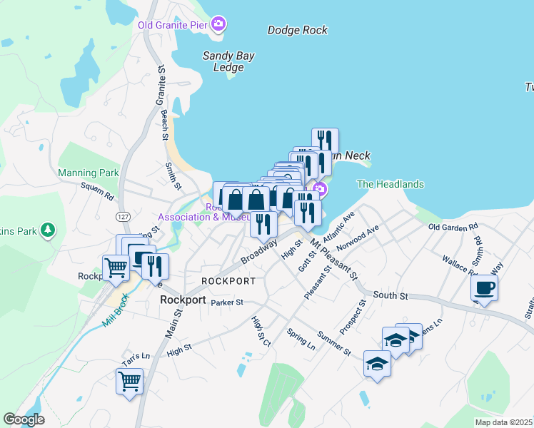 map of restaurants, bars, coffee shops, grocery stores, and more near 23-25 Main Street in Rockport
