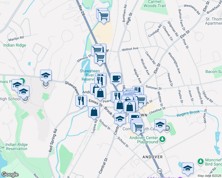 map of restaurants, bars, coffee shops, grocery stores, and more near 6 Buxton Court in Andover