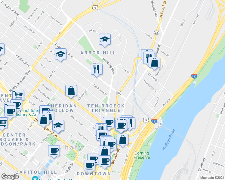 map of restaurants, bars, coffee shops, grocery stores, and more near 99 Ten Broeck Street in Albany