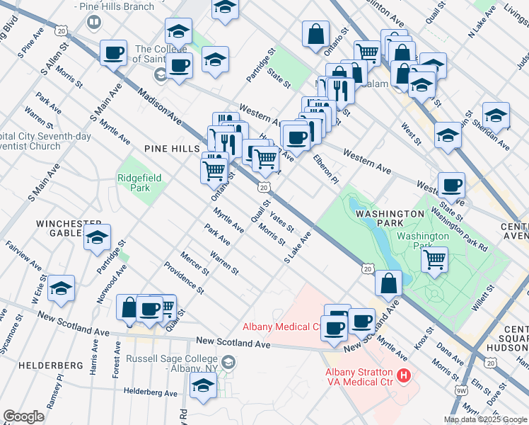 map of restaurants, bars, coffee shops, grocery stores, and more near 270 Quail Street in Albany