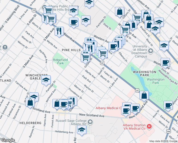 map of restaurants, bars, coffee shops, grocery stores, and more near 642 Myrtle Avenue in Albany