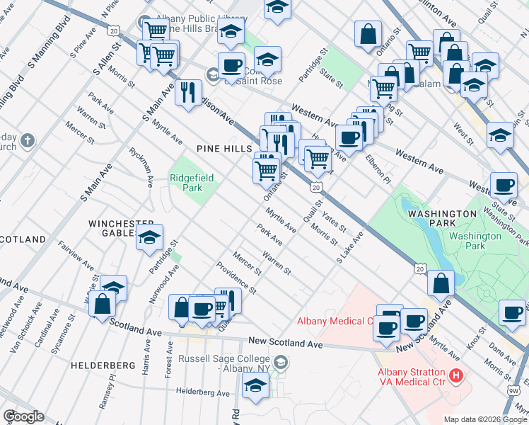 map of restaurants, bars, coffee shops, grocery stores, and more near 642 Myrtle Avenue in Albany