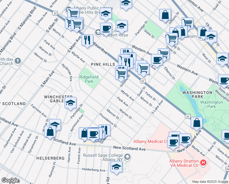 map of restaurants, bars, coffee shops, grocery stores, and more near 351 Ontario Street in Albany